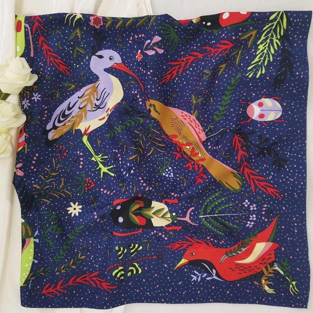 Silk Bird Print Head Scarf 35" Square Silk Hair Wrap